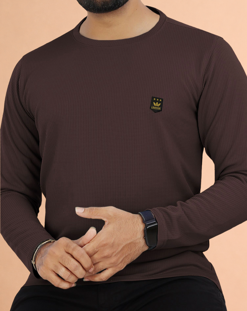 LEEMAK Men's Solid Full Sleeve Round Neck Waffle Texture T-Shirt