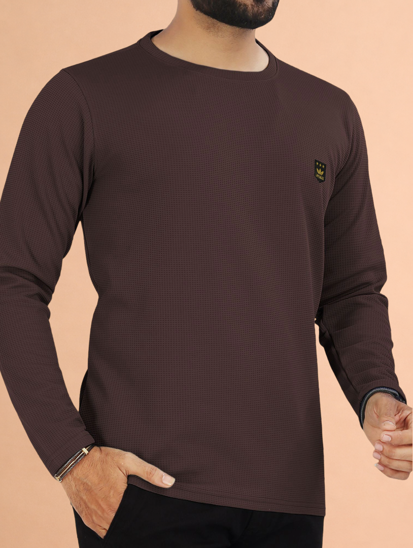 LEEMAK Men's Solid Full Sleeve Round Neck Waffle Texture T-Shirt