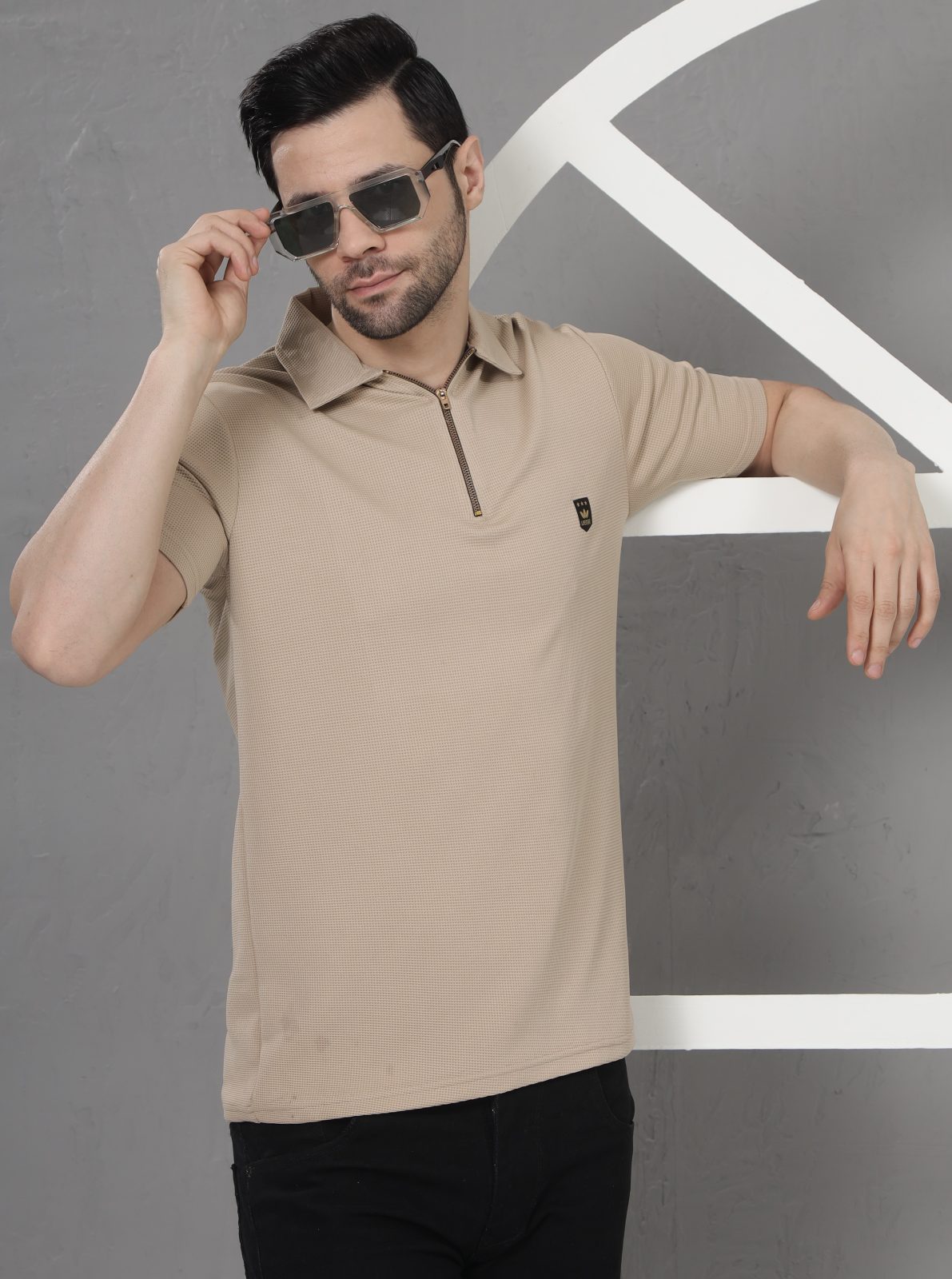 LEEMAK Men’s Regular Fit Textured Half Sleeve Polo T Shirt with Zipper Collar