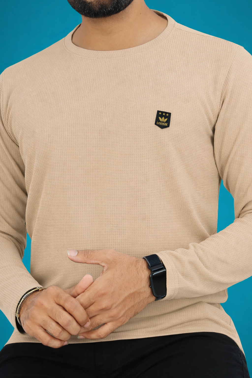 LEEMAK Men's Solid Full Sleeve Round Neck Waffle Texture T-Shirt