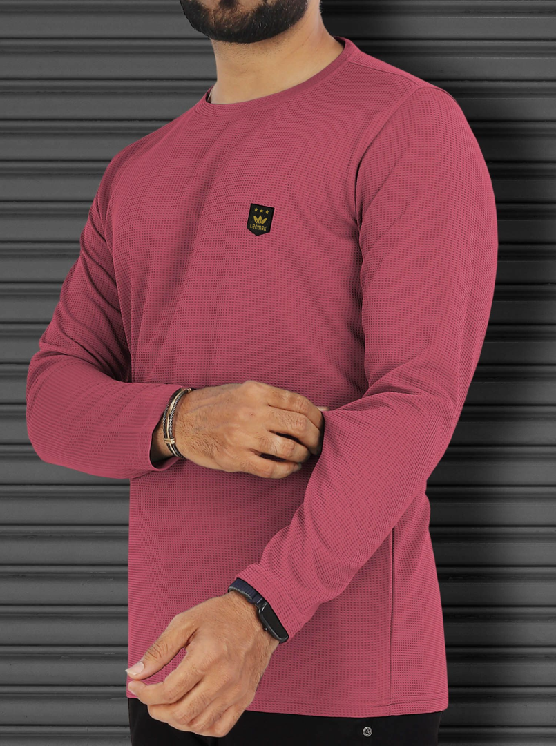 LEEMAK Men's Solid Full Sleeve Round Neck Waffle Texture T-Shirt