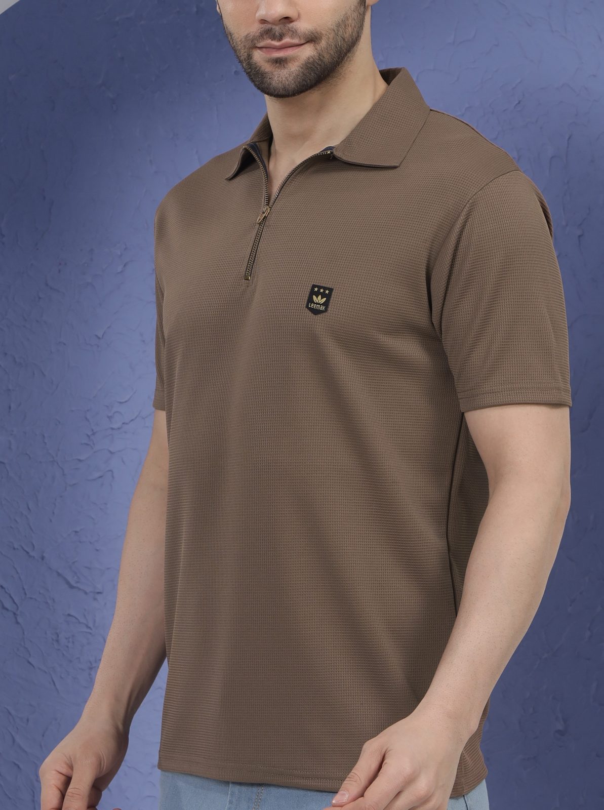 LEEMAK Men’s Regular Fit Textured Half Sleeve Polo T Shirt with Zipper Collar