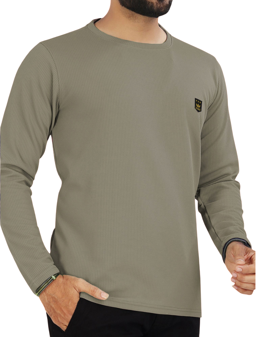 LEEMAK Men's Solid Full Sleeve Round Neck Waffle Texture T-Shirt