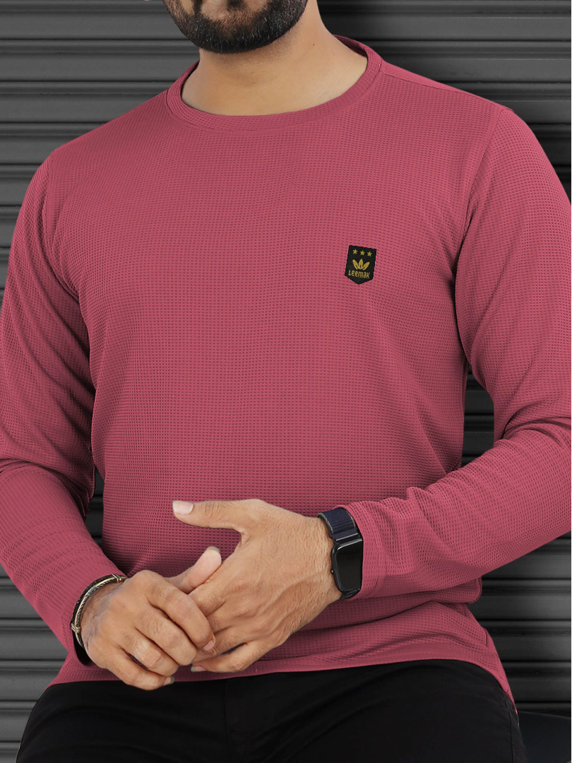 LEEMAK Men's Solid Full Sleeve Round Neck Waffle Texture T-Shirt