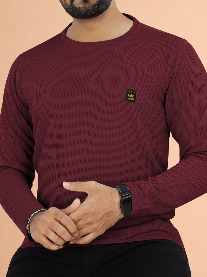 LEEMAK Men's Solid Full Sleeve Round Neck Waffle Texture T-Shirt
