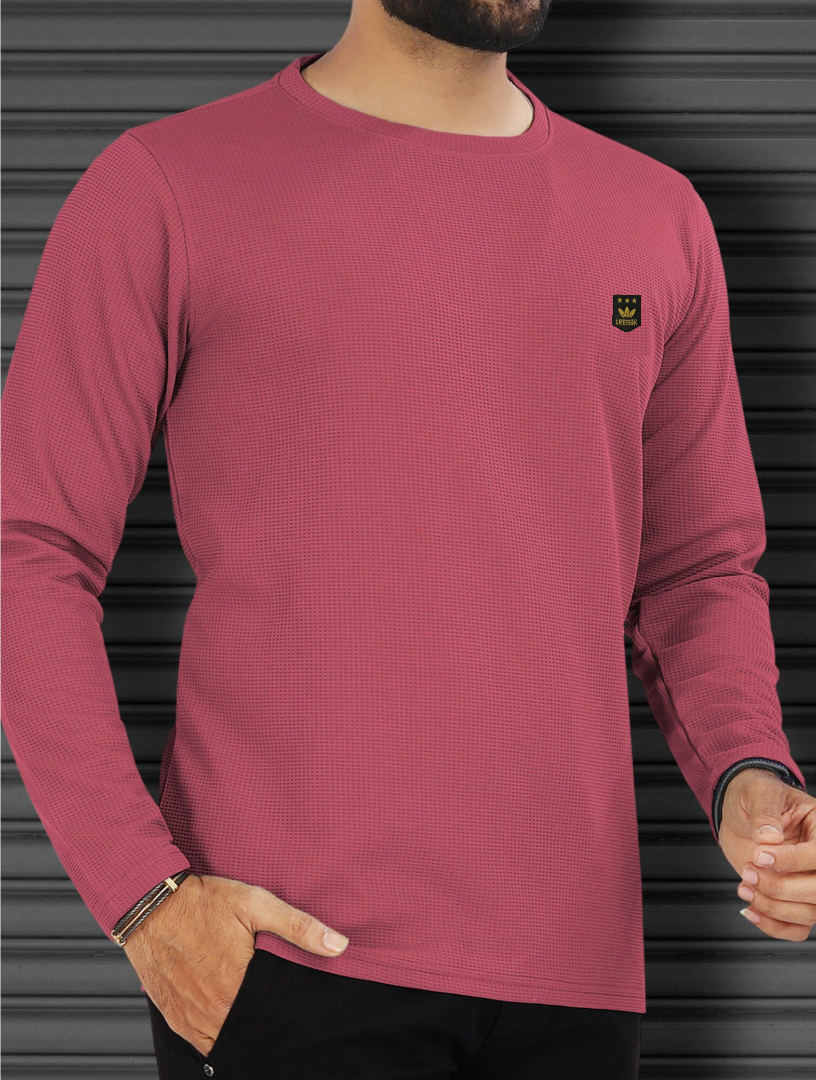 LEEMAK Men's Solid Full Sleeve Round Neck Waffle Texture T-Shirt