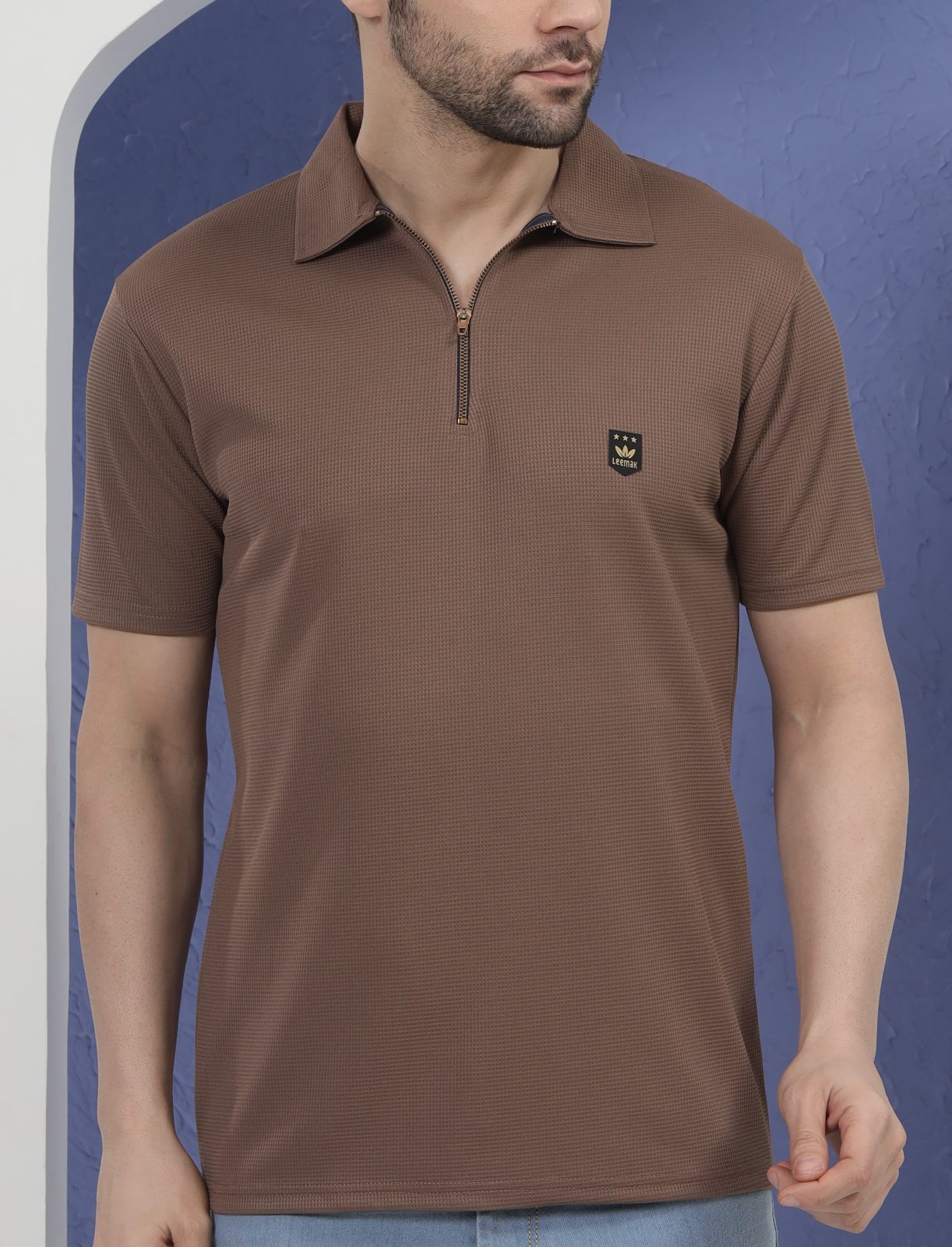 LEEMAK Men’s Regular Fit Textured Half Sleeve Polo T Shirt with Zipper Collar