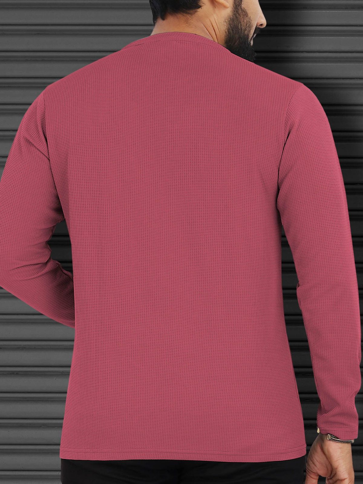 LEEMAK Men's Solid Full Sleeve Round Neck Waffle Texture T-Shirt