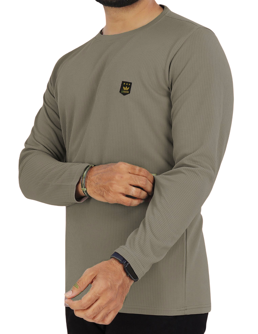 LEEMAK Men's Solid Full Sleeve Round Neck Waffle Texture T-Shirt