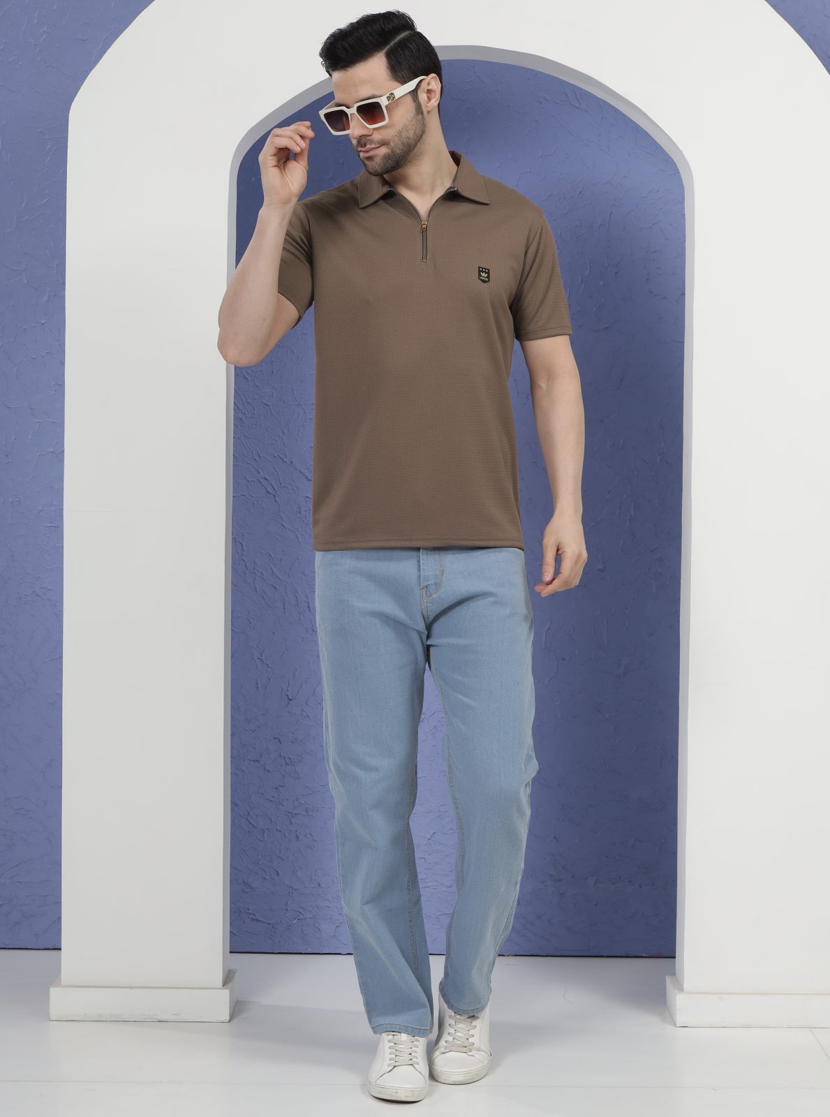 LEEMAK Men’s Regular Fit Textured Half Sleeve Polo T Shirt with Zipper Collar