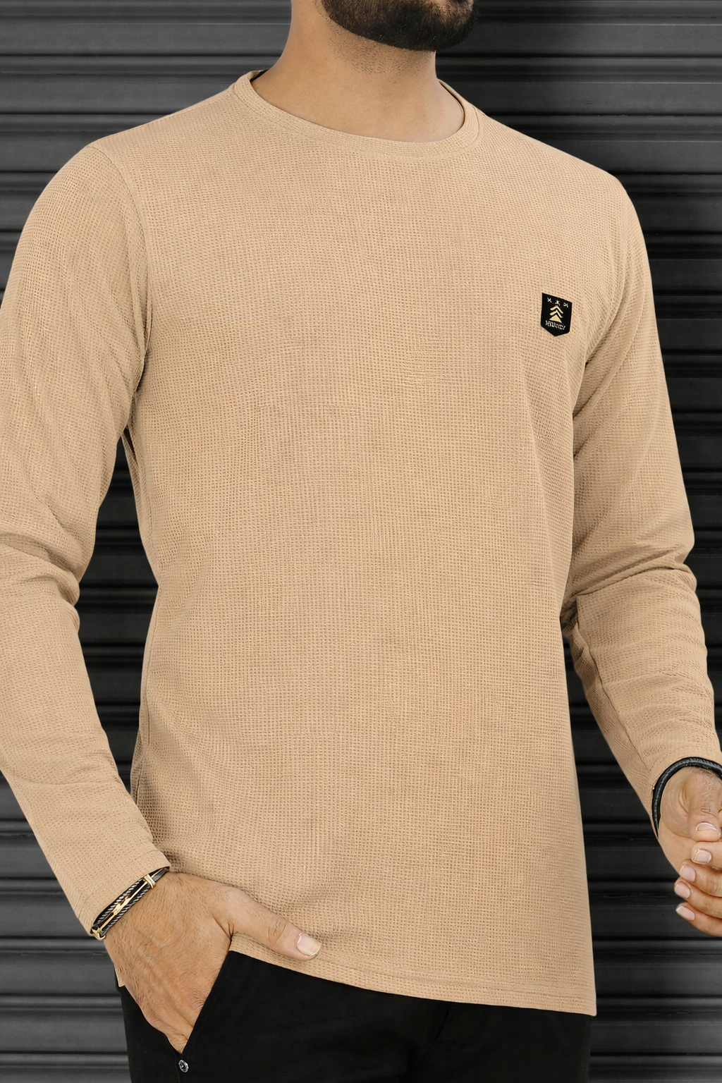 LEEMAK Men's Solid Full Sleeve Round Neck Waffle Texture T-Shirt