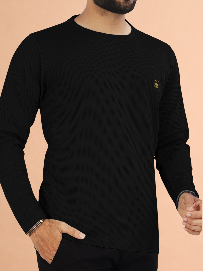 LEEMAK Men's Solid Full Sleeve Round Neck Waffle Texture T-Shirt