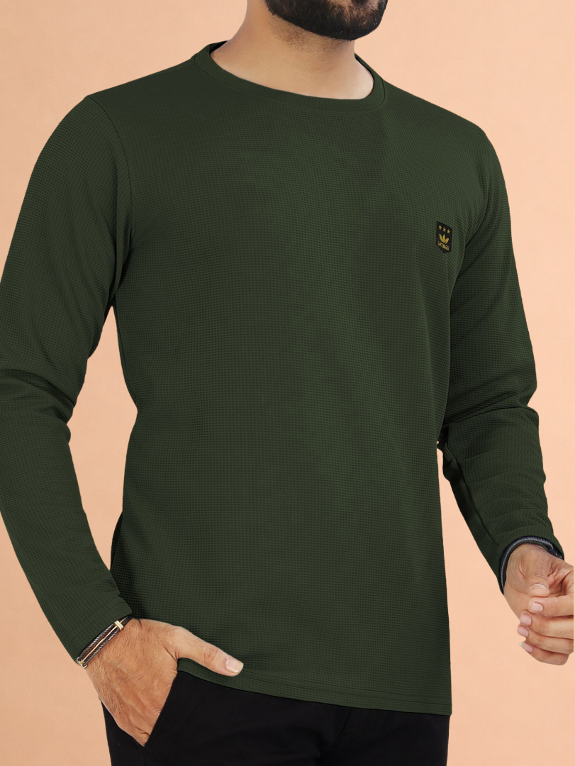 LEEMAK Men's Solid Full Sleeve Round Neck Waffle Texture T-Shirt