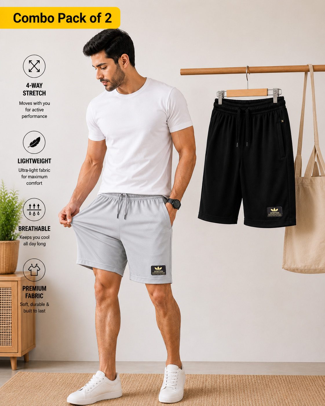 LEEMAK Men Regular Fit Solid Shorts with Side Pockets and Drawstring