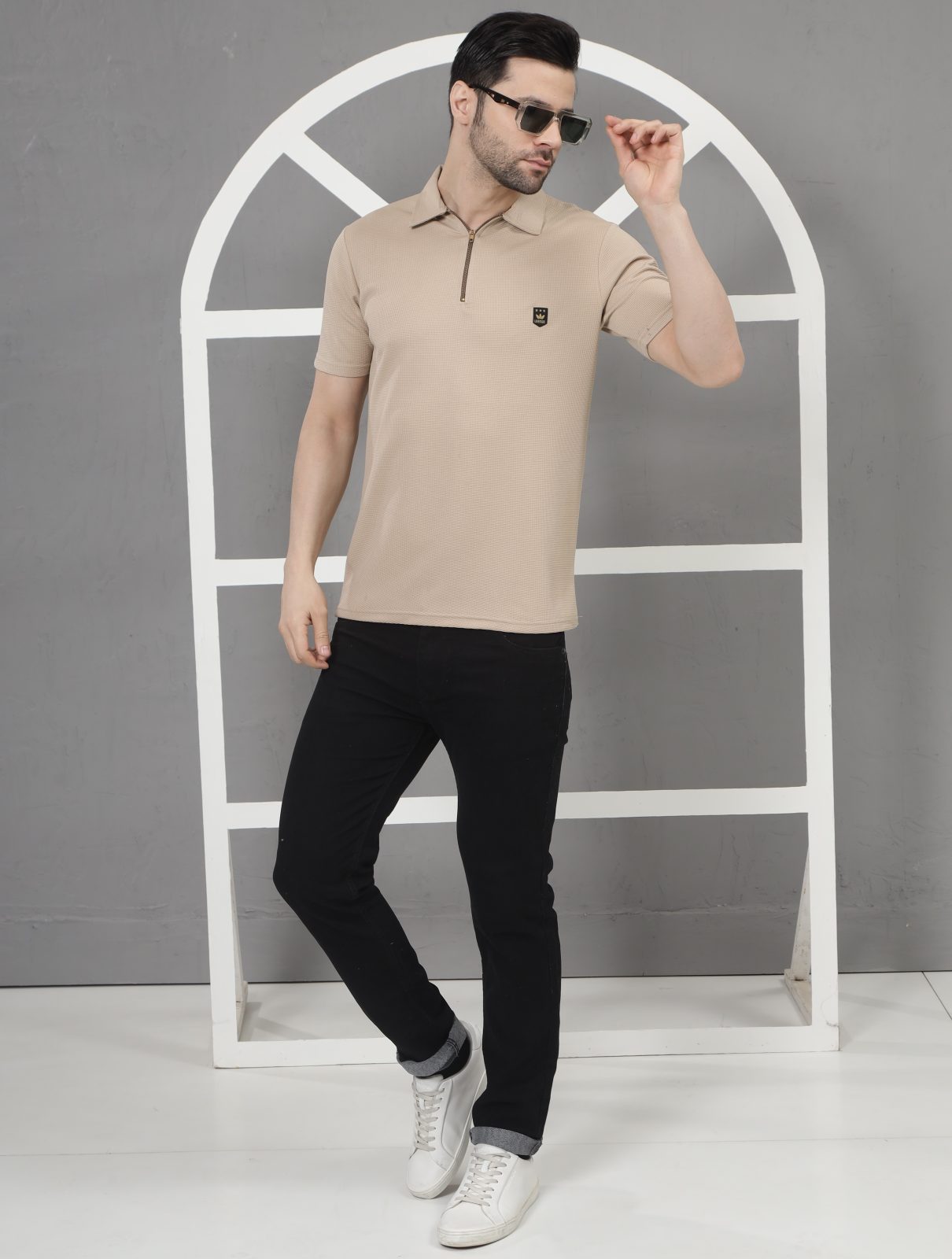 LEEMAK Men’s Regular Fit Textured Half Sleeve Polo T Shirt with Zipper Collar