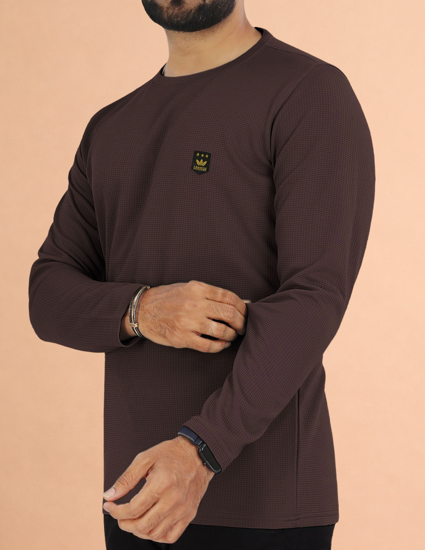 LEEMAK Men's Solid Full Sleeve Round Neck Waffle Texture T-Shirt