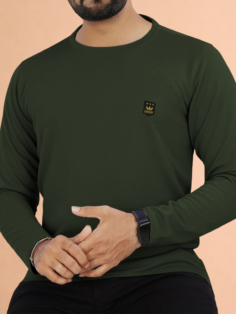 LEEMAK Men's Solid Full Sleeve Round Neck Waffle Texture T-Shirt