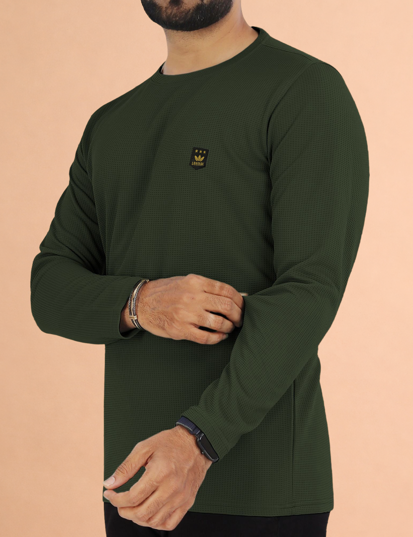 LEEMAK Men's Solid Full Sleeve Round Neck Waffle Texture T-Shirt