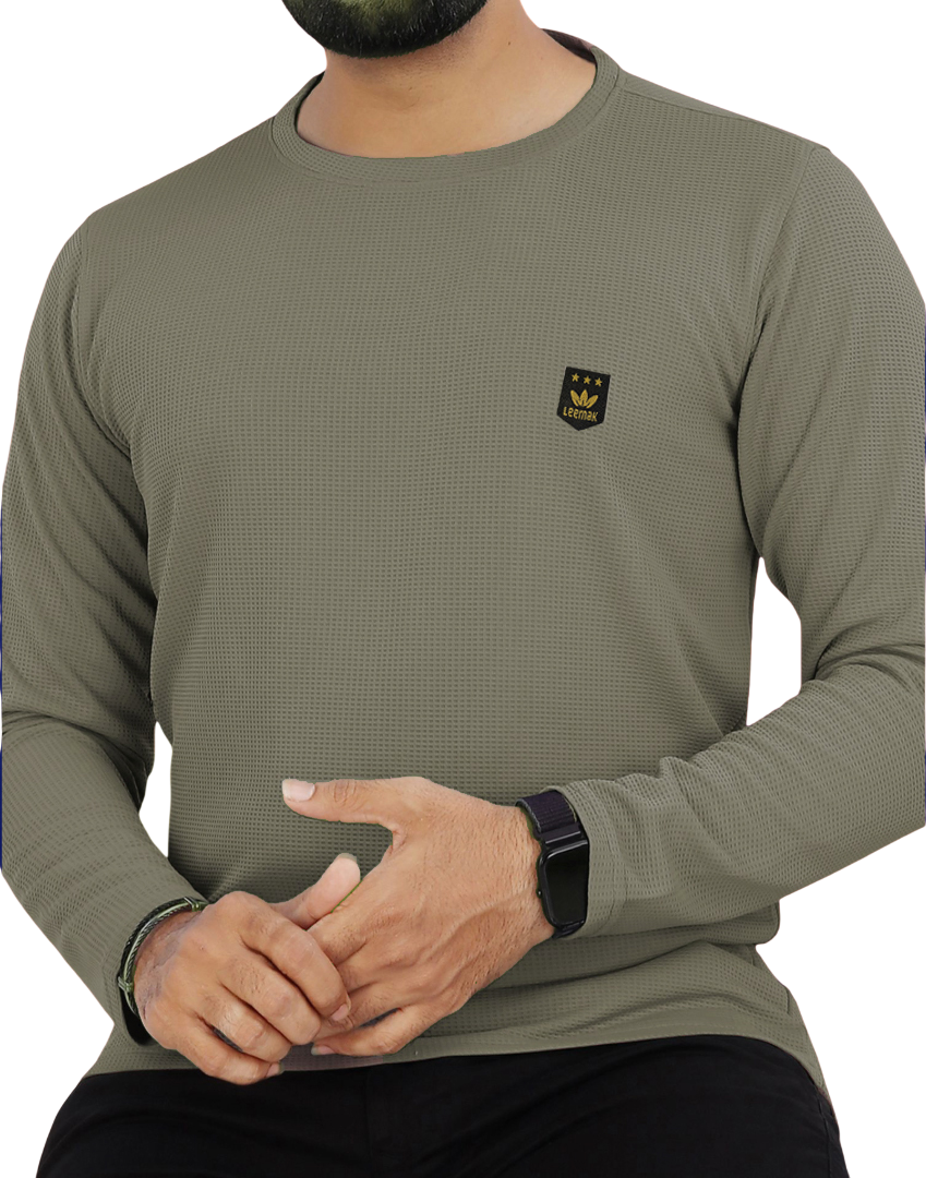 LEEMAK Men's Solid Full Sleeve Round Neck Waffle Texture T-Shirt