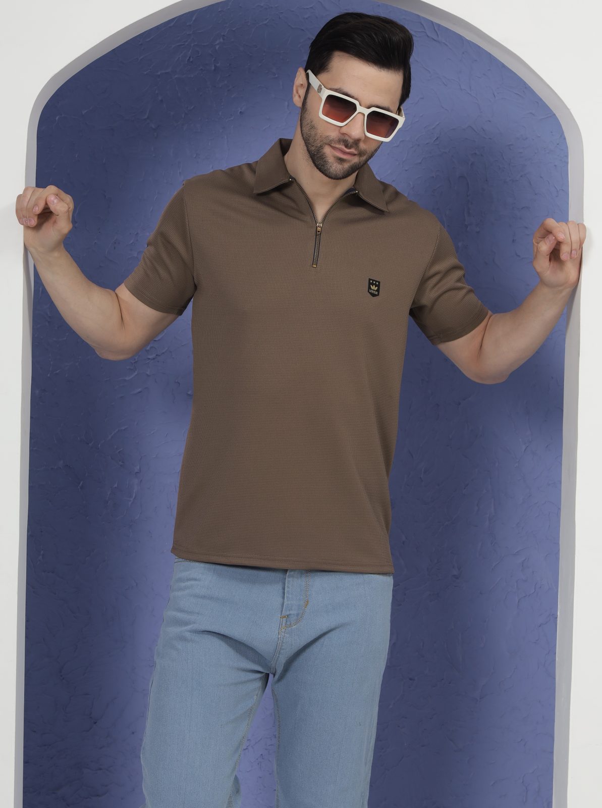 LEEMAK Men’s Regular Fit Textured Half Sleeve Polo T Shirt with Zipper Collar
