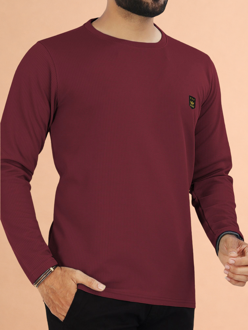 LEEMAK Men's Solid Full Sleeve Round Neck Waffle Texture T-Shirt