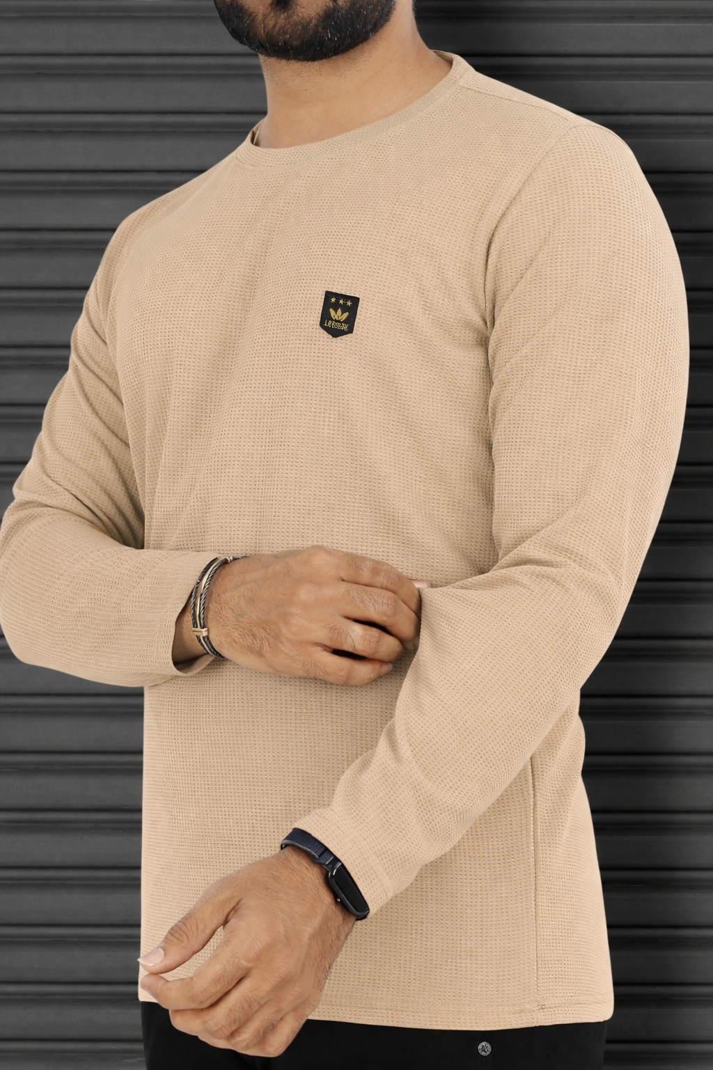 LEEMAK Men's Solid Full Sleeve Round Neck Waffle Texture T-Shirt