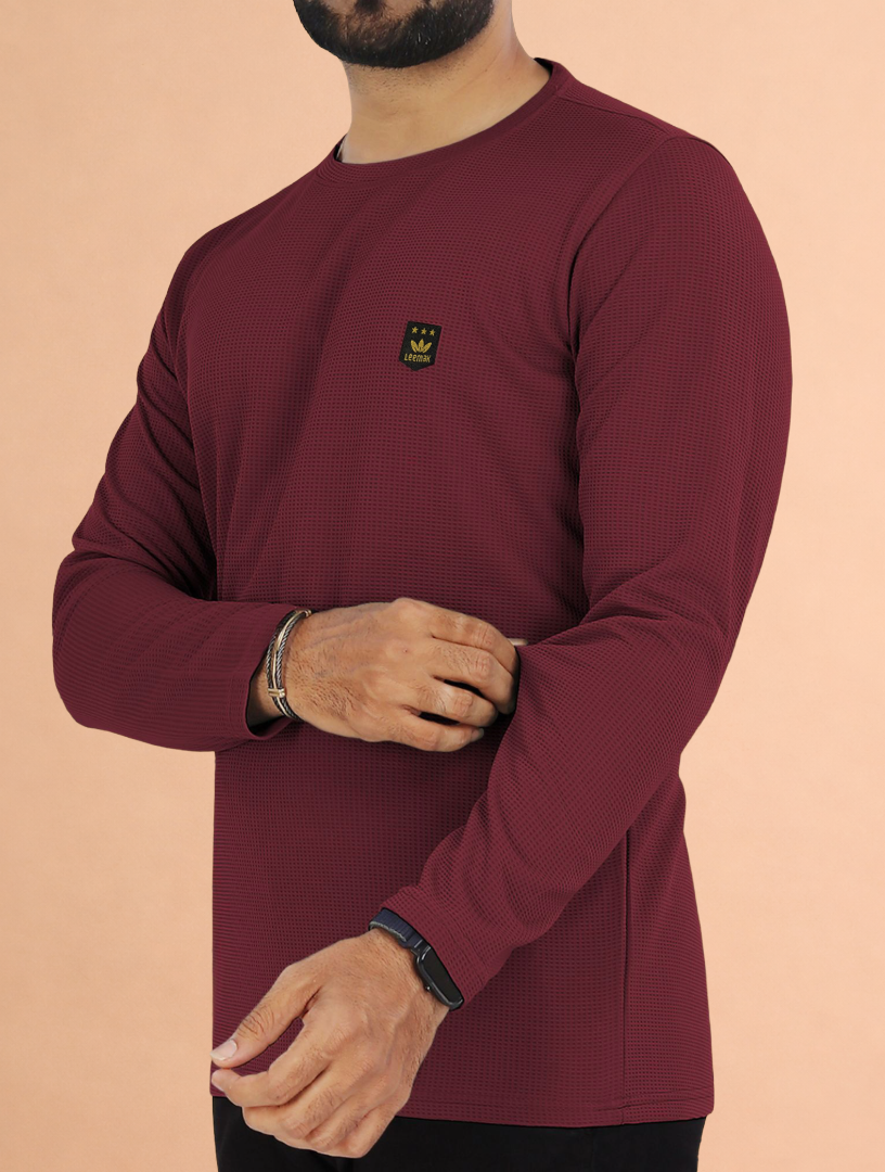 LEEMAK Men's Solid Full Sleeve Round Neck Waffle Texture T-Shirt