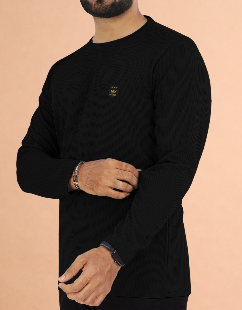LEEMAK Men's Solid Full Sleeve Round Neck Waffle Texture T-Shirt