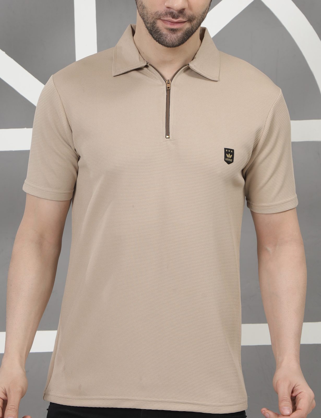 LEEMAK Men’s Regular Fit Textured Half Sleeve Polo T Shirt with Zipper Collar