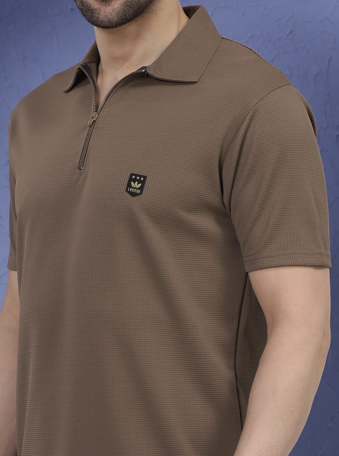 LEEMAK Men’s Regular Fit Textured Half Sleeve Polo T Shirt with Zipper Collar