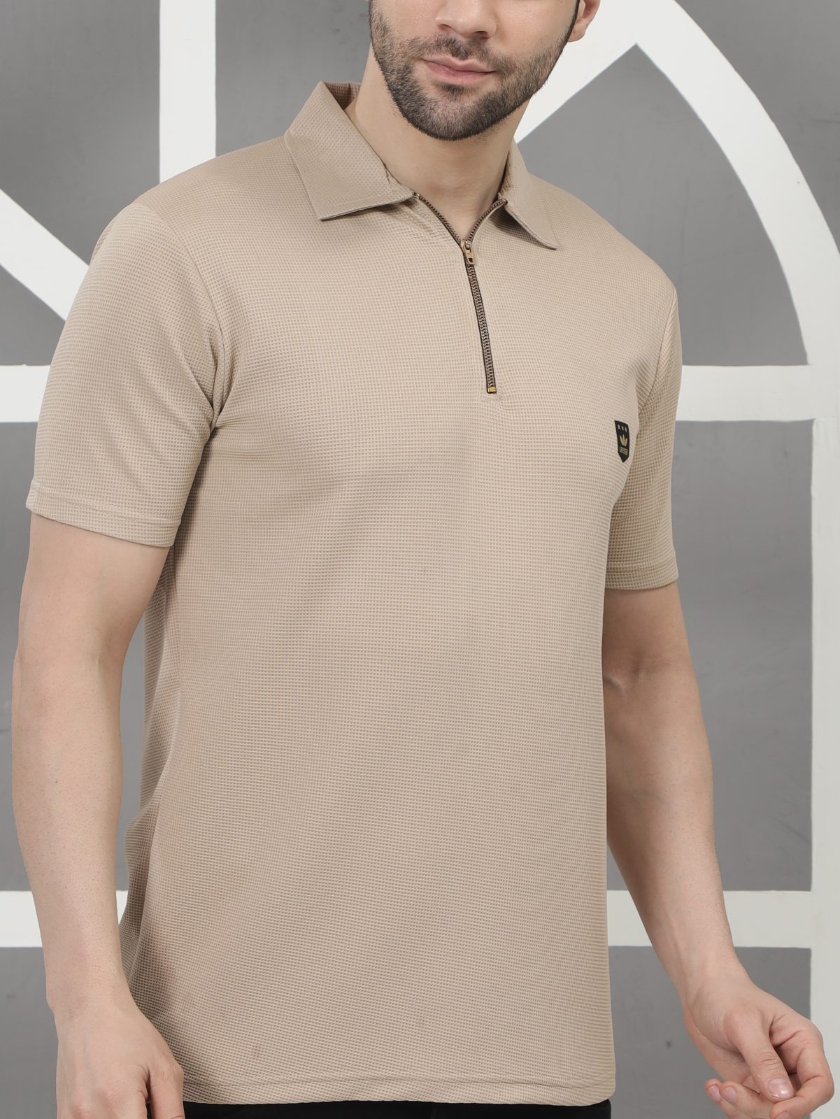 LEEMAK Men’s Regular Fit Textured Half Sleeve Polo T Shirt with Zipper Collar
