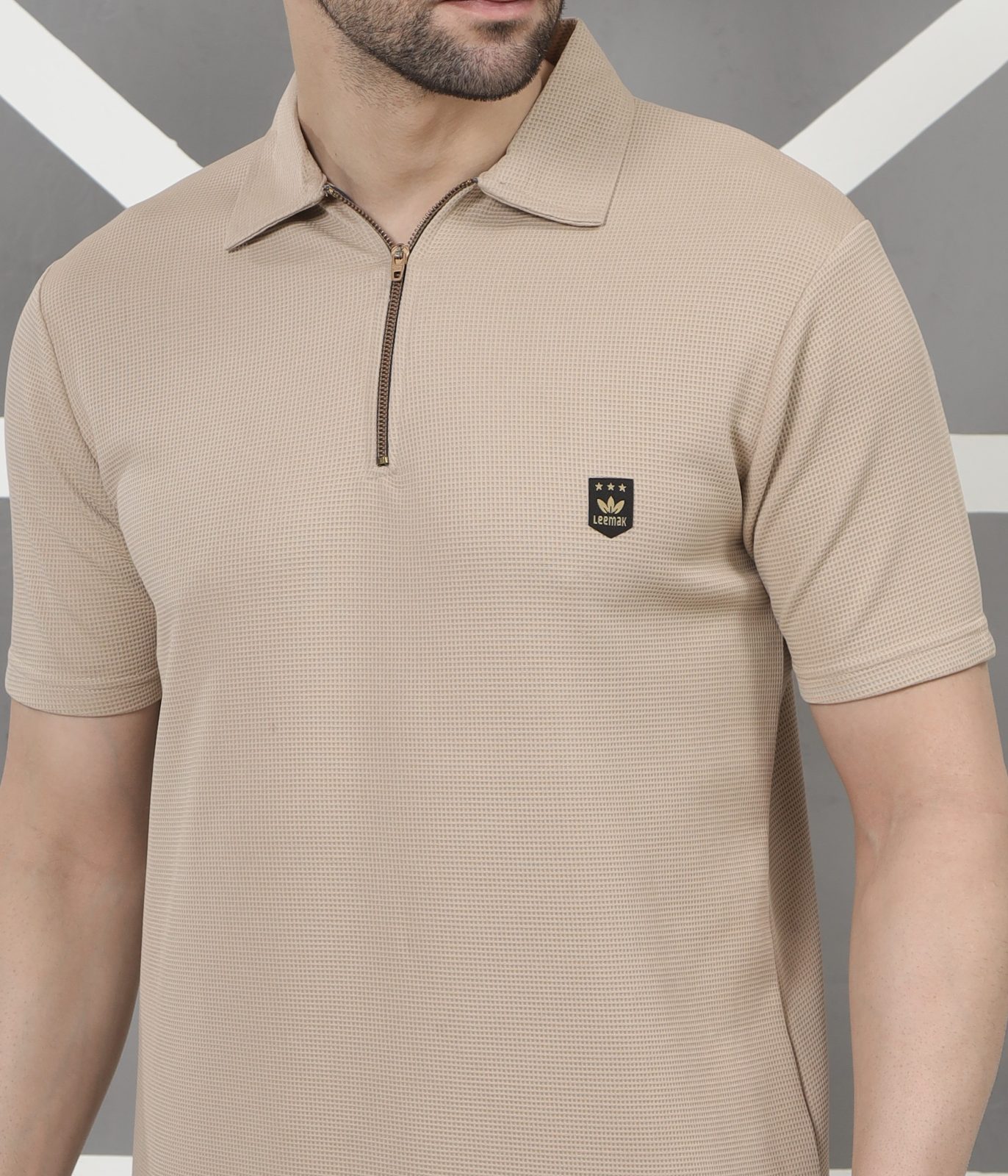 LEEMAK Men’s Regular Fit Textured Half Sleeve Polo T Shirt with Zipper Collar