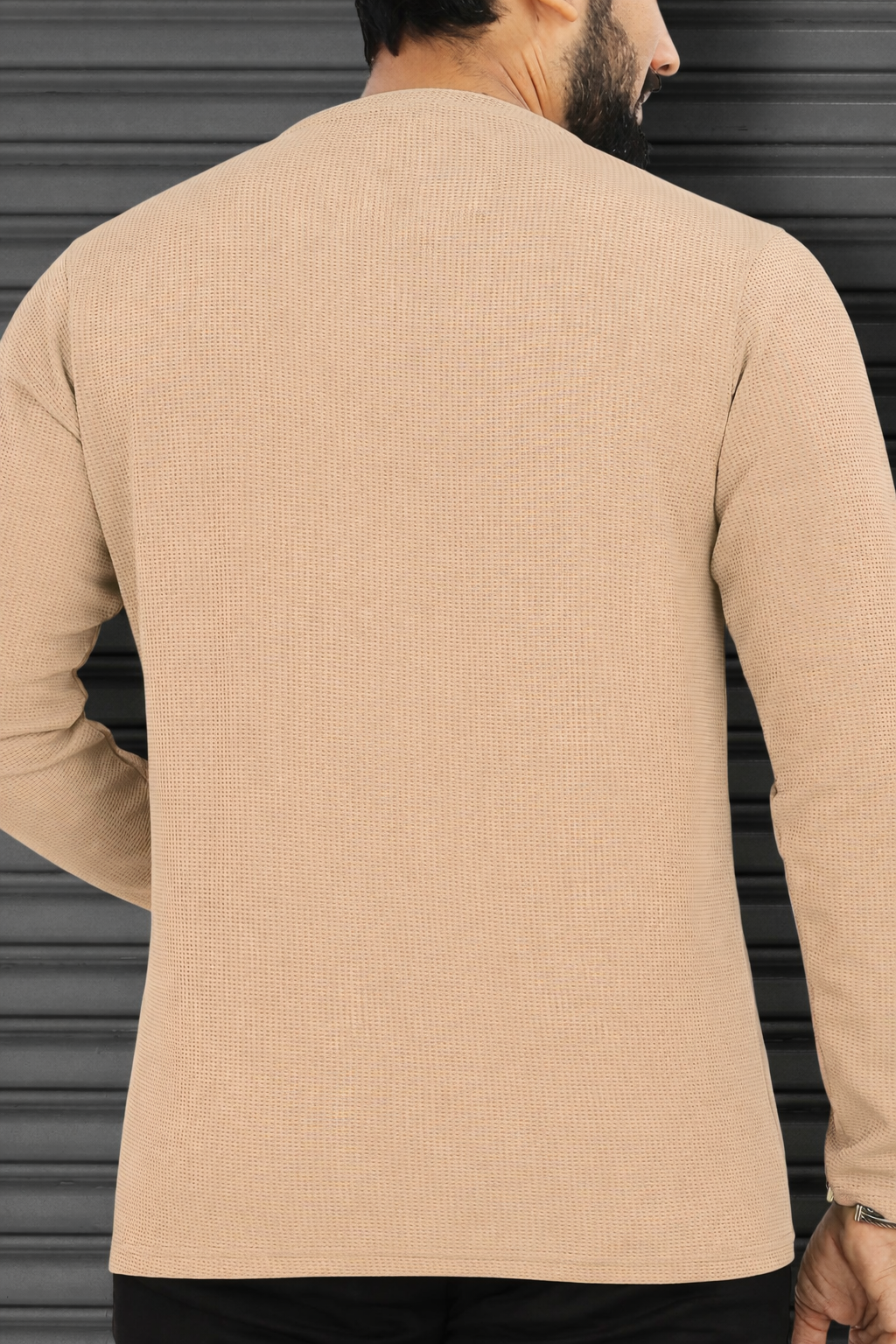 LEEMAK Men's Solid Full Sleeve Round Neck Waffle Texture T-Shirt