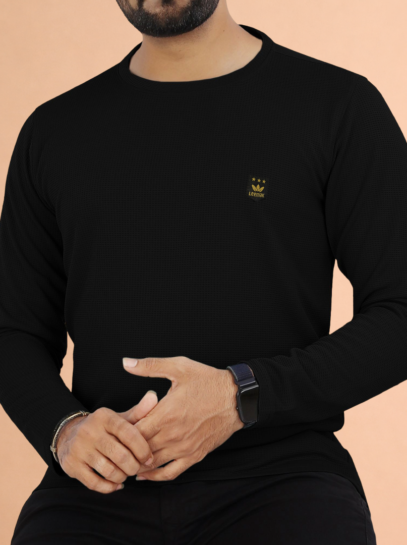 LEEMAK Men's Solid Full Sleeve Round Neck Waffle Texture T-Shirt